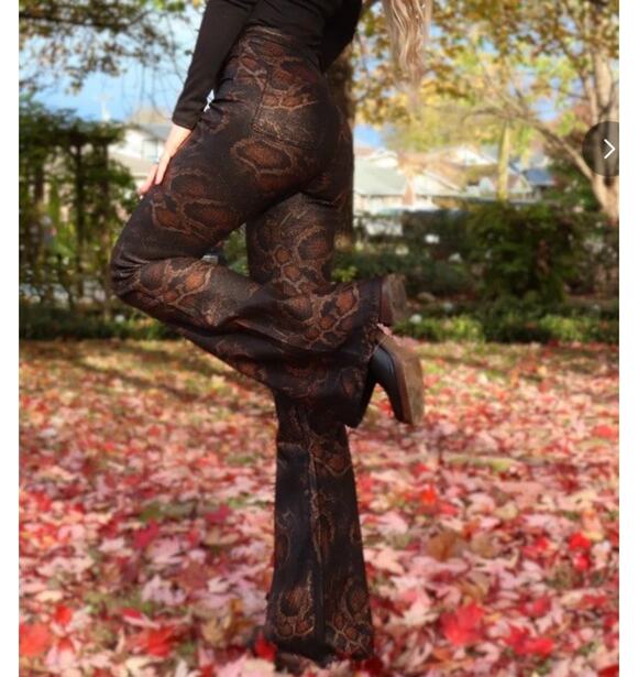 Willow Boutique Clothing Co. Pants - Willow Boutique XL Brown Snake Print Flare Pants High Rise Stretch Bell Bottom